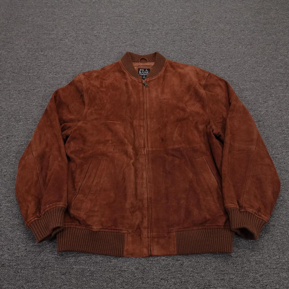 Jos A Bank Jacket Mens Medium Brown Suede Bomber Full Zip Lined Rib Knit